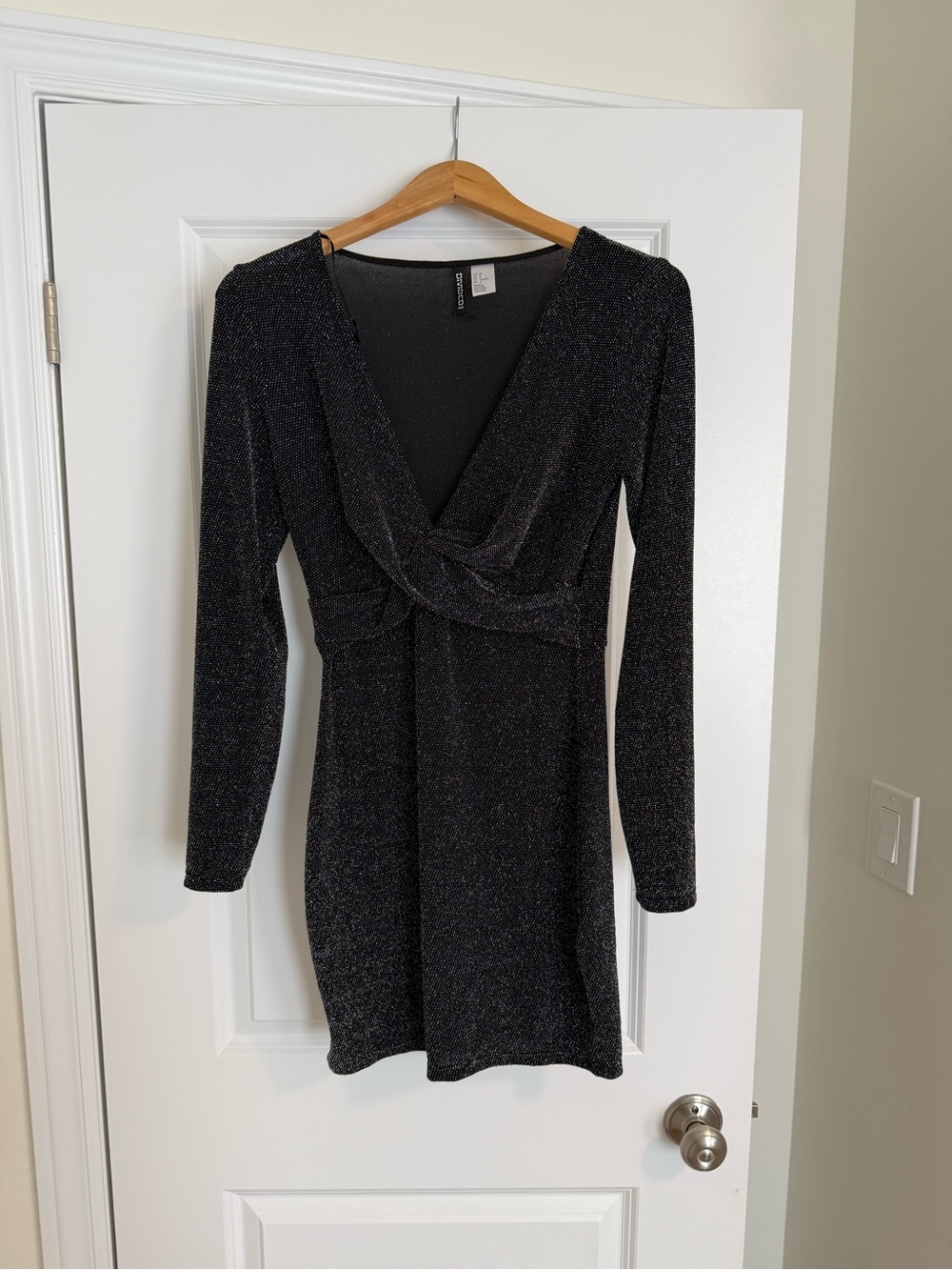H&M Black Sparkle Twist-Front Long-Sleeve Mini Dress
